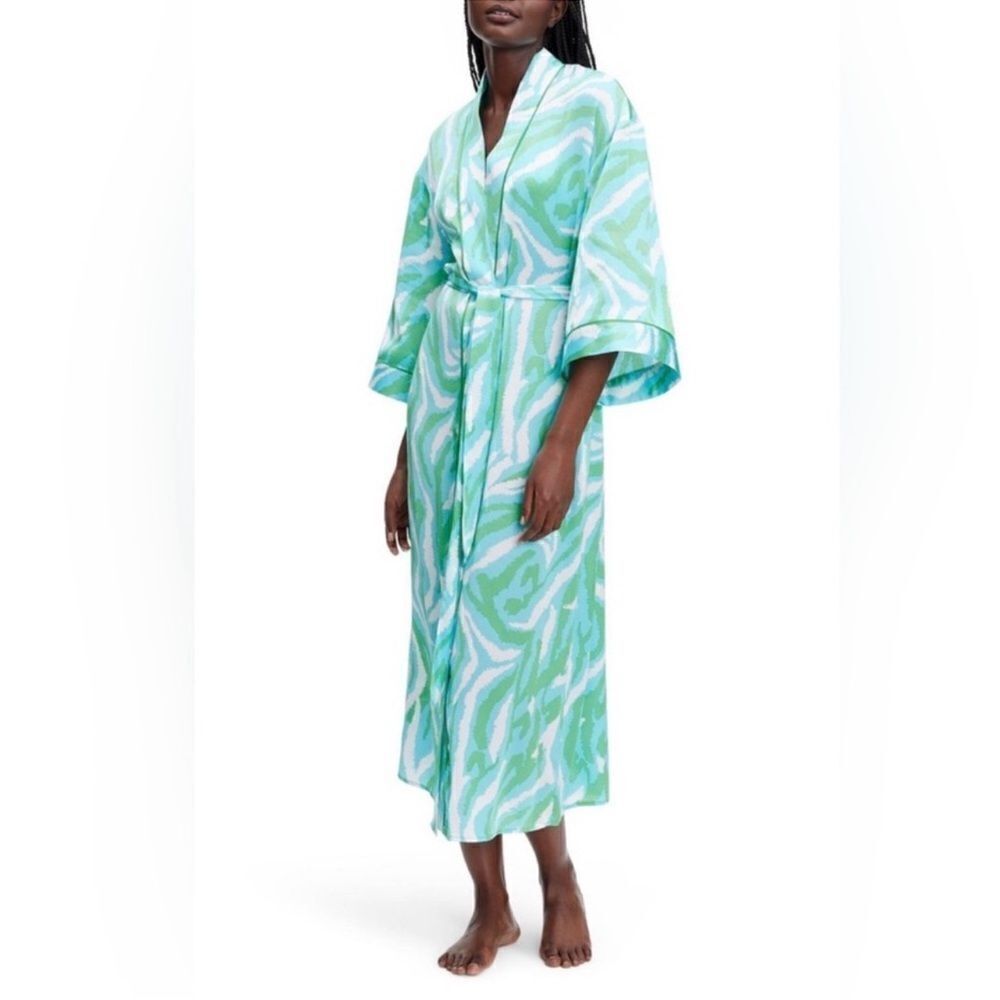 DVF x Target XL Disco Zebra White Blue Green Long Satin Belted Open Front